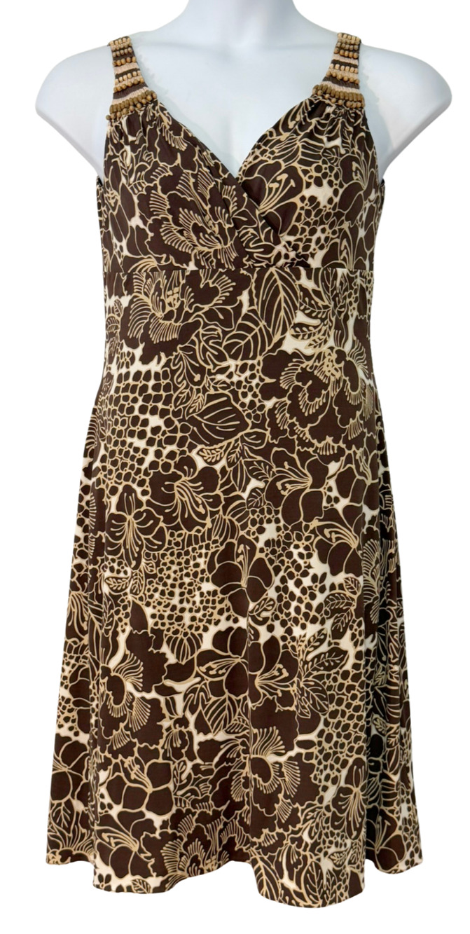 Talbots Sz 8 Safari Inspired Dress Surplice Bodice Beaded Straps Brown Print